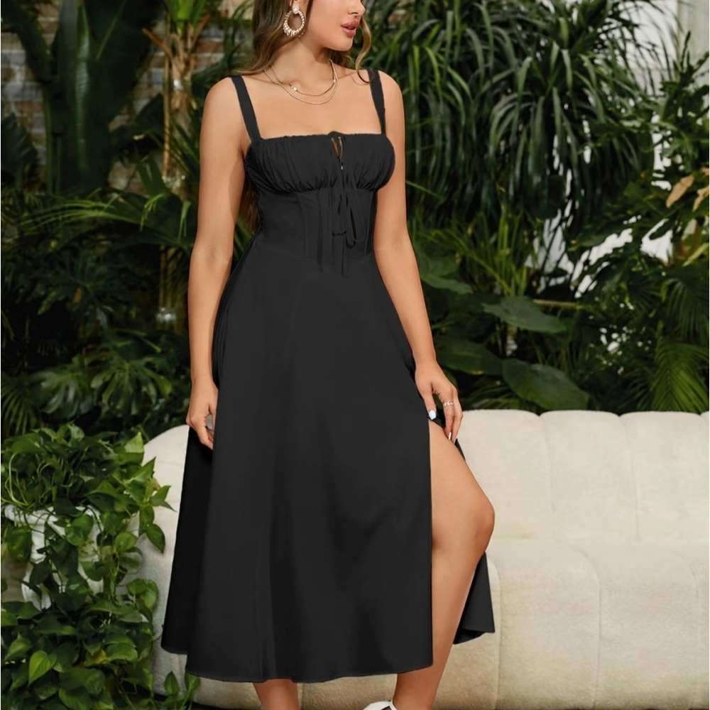 Lace up ruched split thigh tie front Milkmaid Dress